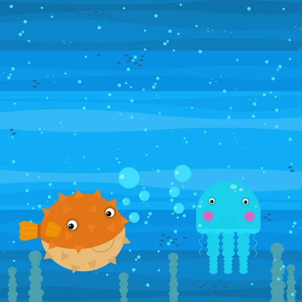 Happy Cartoon Onderzeese Scène Met Zwemmen Koraal Rif Vissen Illustratie — Stockfoto