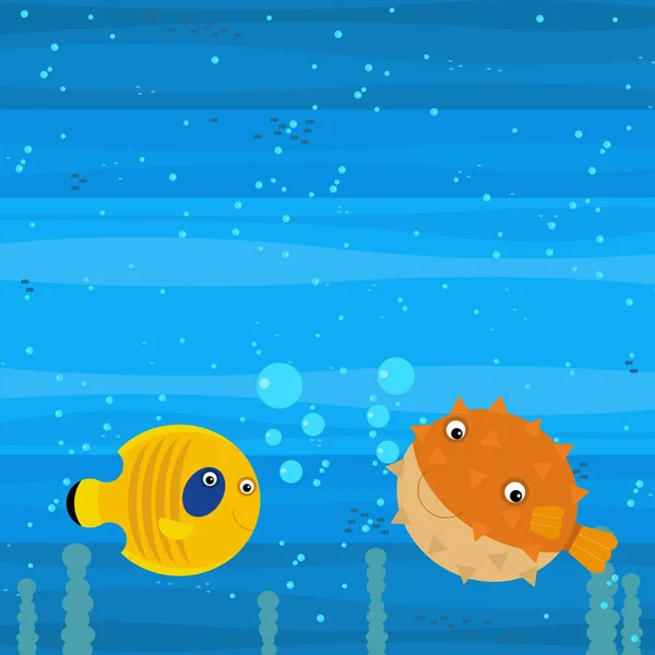 Glad Tecknad Undervattensscen Med Simning Korallrev Fiskar Illustration För Barn — Stockfoto