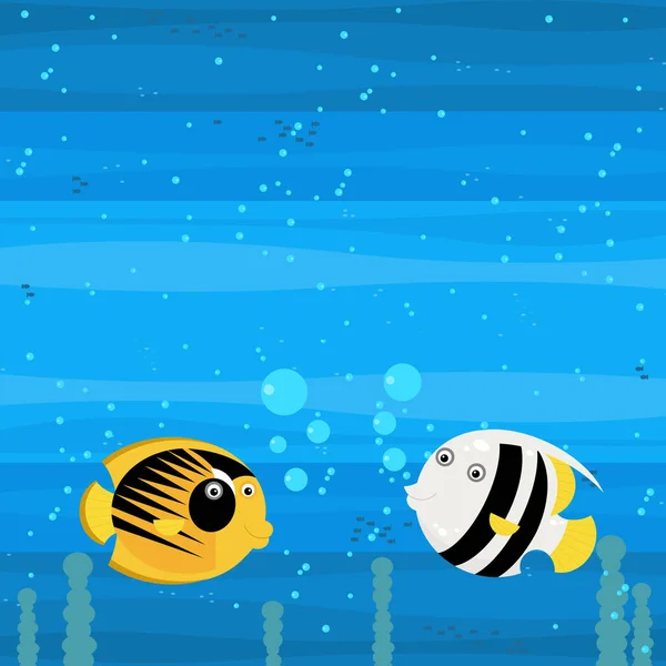 cheerful cartoon underwater scene with swimming coral reef fishes illustration for children