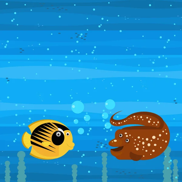 cheerful cartoon underwater scene with swimming coral reef fishes illustration for children