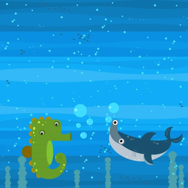 Divertente Cartone Animato Scena Sottomarina Con Nuoto Barriera Corallina Pesci — Foto Stock