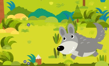 Çocuklar için orman illüstrasyonunda farklı Avrupa hayvanlarının olduğu karikatür sahnesi