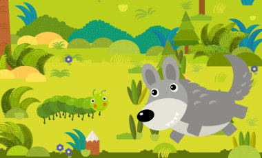 Çocuklar için orman illüstrasyonunda farklı Avrupa hayvanlarının olduğu karikatür sahnesi