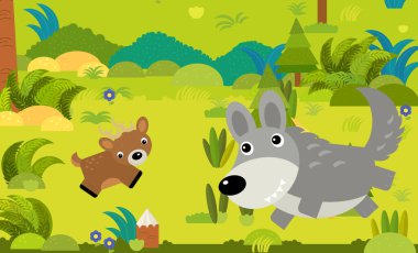 Çocuklar için orman illüstrasyonunda farklı Avrupa hayvanlarının olduğu karikatür sahnesi