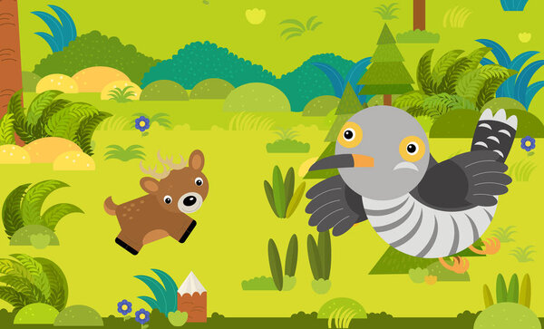 cartoon scene with different european animals in the forest illustration for children