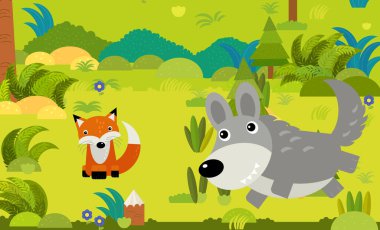 Çocuklar için orman illüstrasyonunda farklı Avrupa hayvanlarının olduğu karikatür sahnesi