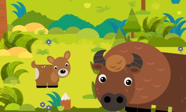 Çocuklar için orman illüstrasyonunda farklı Avrupa hayvanlarının olduğu karikatür sahnesi