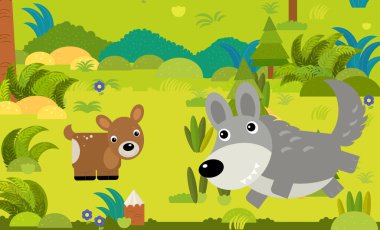 Çocuklar için orman illüstrasyonunda farklı Avrupa hayvanlarının olduğu karikatür sahnesi