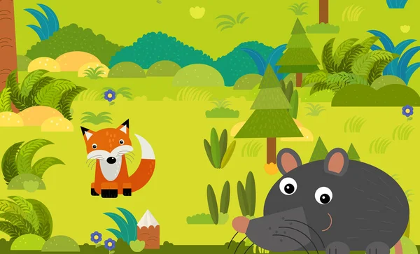 森林里有不同欧洲动物的卡通片场景 供孩子们参考 — 图库照片