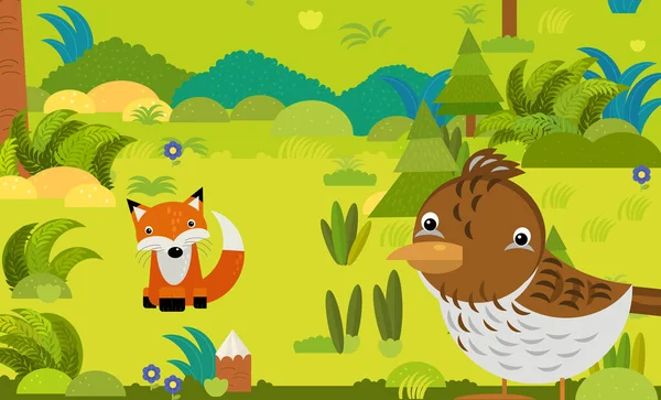 Tegnefilmscene Med Ulike Europeiske Dyr Skogillustrasjonen Barn – stockfoto