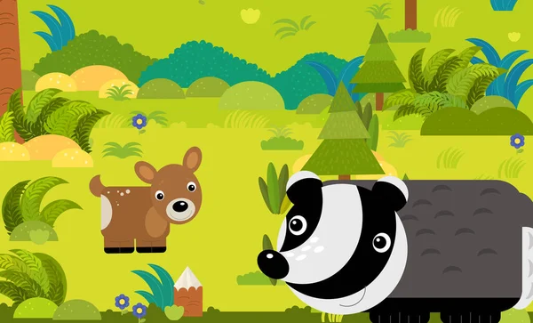 Scena Dei Cartoni Animati Con Diversi Animali Europei Nella Foresta — Foto Stock