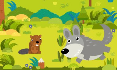 Çocuklar için orman illüstrasyonunda farklı Avrupa hayvanlarının olduğu karikatür sahnesi