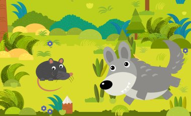 Çocuklar için orman illüstrasyonunda farklı Avrupa hayvanlarının olduğu karikatür sahnesi