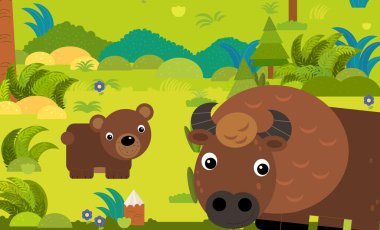 Çocuklar için orman illüstrasyonunda farklı Avrupa hayvanlarının olduğu karikatür sahnesi