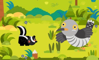 Çocuklar için orman illüstrasyonunda farklı Avrupa hayvanlarının olduğu karikatür sahnesi