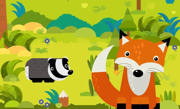 cartoon scene with different european animals in the forest illustration for children