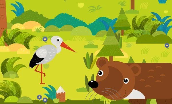Scena Kreskówek Różnych Zwierząt Europejskich Lesie Ilustracja Dla Dzieci — Zdjęcie stockowe