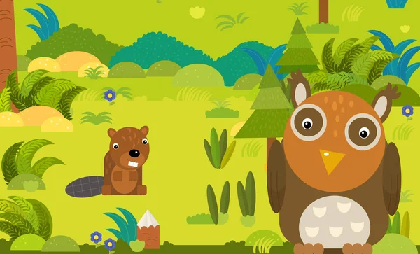 Scena Kreskówek Różnych Zwierząt Europejskich Lesie Ilustracja Dla Dzieci — Zdjęcie stockowe