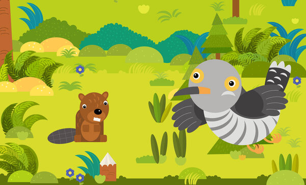 cartoon scene with different european animals in the forest illustration for children