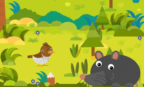 cartoon scene with different european animals in the forest illustration for children