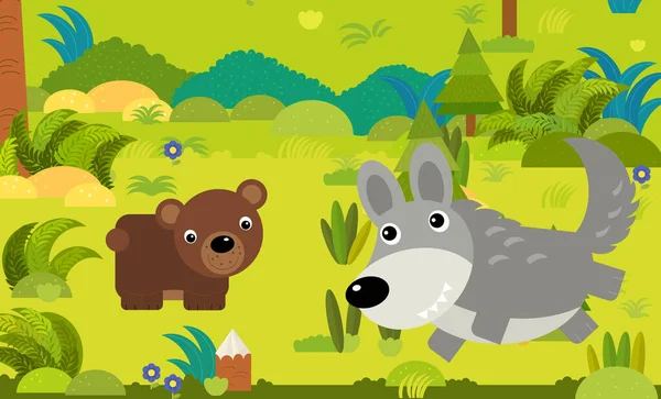 cartoon scene with different european animals in the forest illustration for children