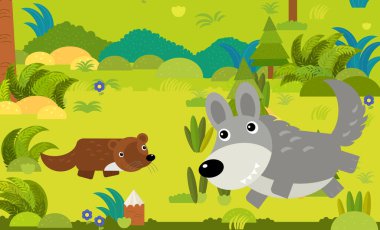 Çocuklar için orman illüstrasyonunda farklı Avrupa hayvanlarının olduğu karikatür sahnesi