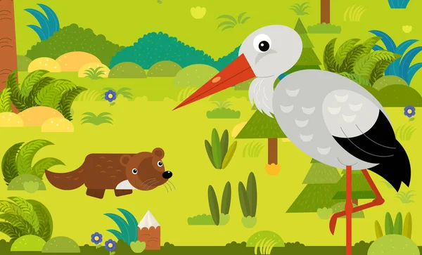 cartoon scene with different european animals in the forest illustration for children