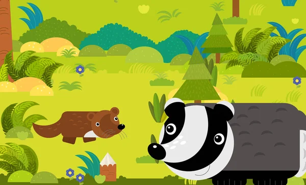 Rajzfilm Jelenet Különböző Európai Állatok Erdőben Illusztráció Gyerekeknek — Stock Fotó