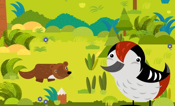 cartoon scene with different european animals in the forest illustration for children