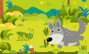 Çocuklar için orman illüstrasyonunda farklı Avrupa hayvanlarının olduğu karikatür sahnesi