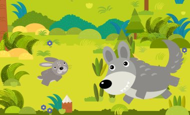 Çocuklar için orman illüstrasyonunda farklı Avrupa hayvanlarının olduğu karikatür sahnesi