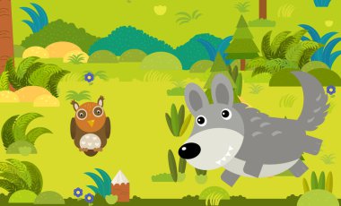 Çocuklar için orman illüstrasyonunda farklı Avrupa hayvanlarının olduğu karikatür sahnesi