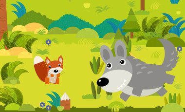 Çocuklar için orman illüstrasyonunda farklı Avrupa hayvanlarının olduğu karikatür sahnesi