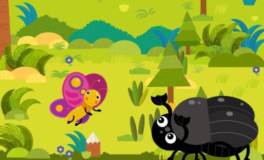 Çocuklar için orman illüstrasyonunda farklı Avrupa hayvanlarının olduğu karikatür sahnesi