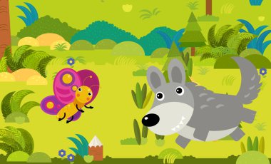 Çocuklar için orman illüstrasyonunda farklı Avrupa hayvanlarının olduğu karikatür sahnesi