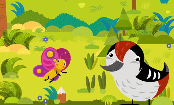 cartoon scene with different european animals in the forest illustration for children