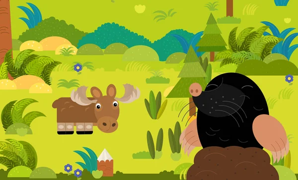 cartoon scene with different european animals in the forest illustration for children