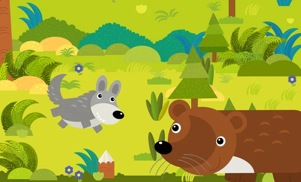 cartoon scene with different european animals in the forest illustration for children