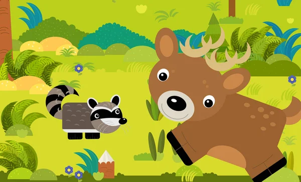 cartoon scene with different european animals in the forest illustration for children