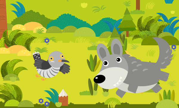 cartoon scene with different european animals in the forest illustration for children