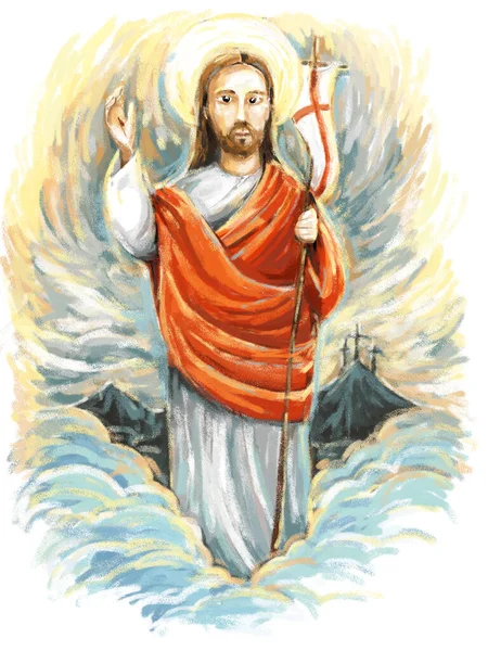 Calm Jesus Messiah Raising Palm Hand Background Illustration Children — Stock Photo, Image