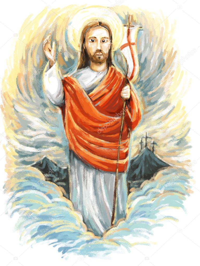 calm jesus messiah raising palm of hand in the background - illustration for children