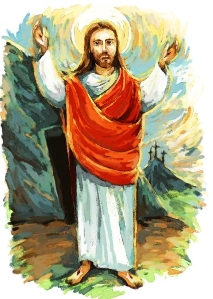 Calmo Jesus Messiah Levantando Palma Mão Fundo Ilustração Para Crianças — Fotografia de Stock