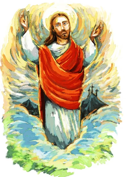 Ruhiger Jesus Messias Hebt Handfläche Hintergrund Illustration Für Kinder — Stockfoto