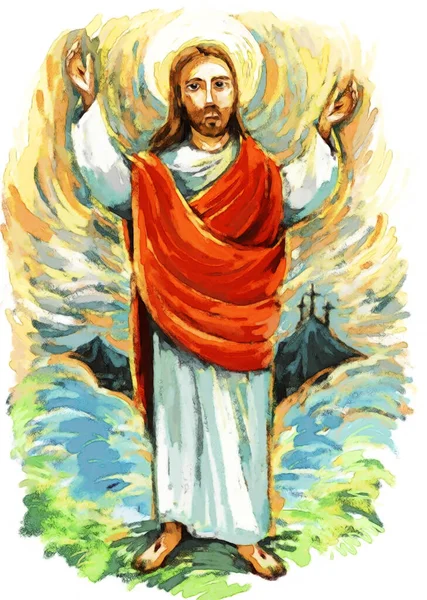 Calm Jesus Messiah Raising Palm Hand Background Illustration Children — Stock Photo, Image
