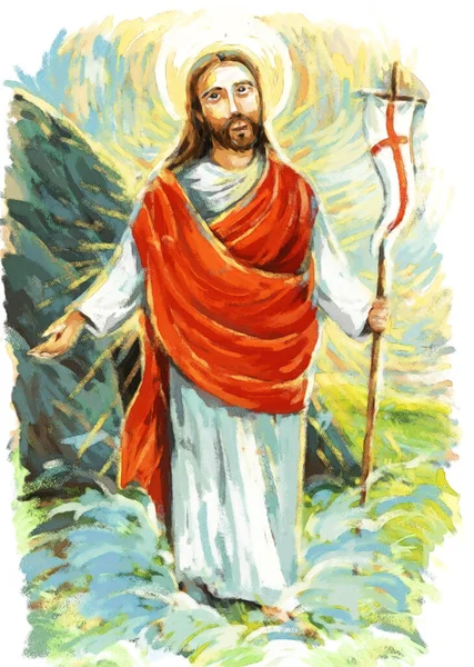 calm jesus messiah raising palm of hand in the background - illustration for children