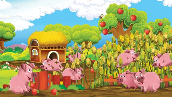 Scena Kreskówek Świniami Farmie Bawiąc Się Ilustracja Dla Dzieci — Zdjęcie stockowe