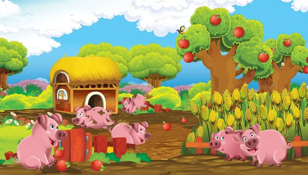 Cartoon Scene Pigs Farm Ranch Having Fun Illustration Children — Stock Photo, Image