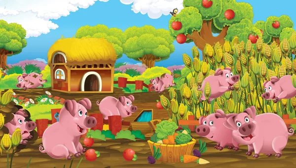 Cartoon Scene Met Varkens Een Boerderij Ranch Plezier Hebben Illustratie — Stockfoto