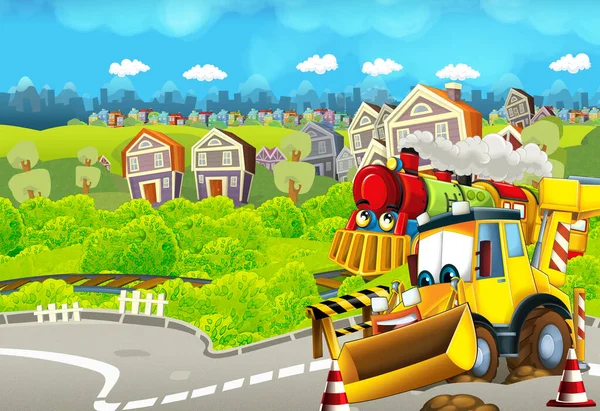 Cartoon funny looking train on the train station near the city and excavator digger car driving and plane flying - illustration for children